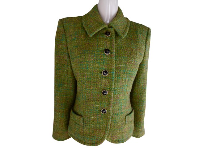Yves Saint Laurent  Gold Tone  Textured Jewelry Button Jacket Pink Blue Green Wool Polyamide Acetate  ref.35141