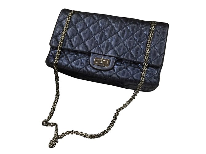 Chanel 2.55 solapa rayada metalizada azul marino rayada reedición Cuero  ref.35227