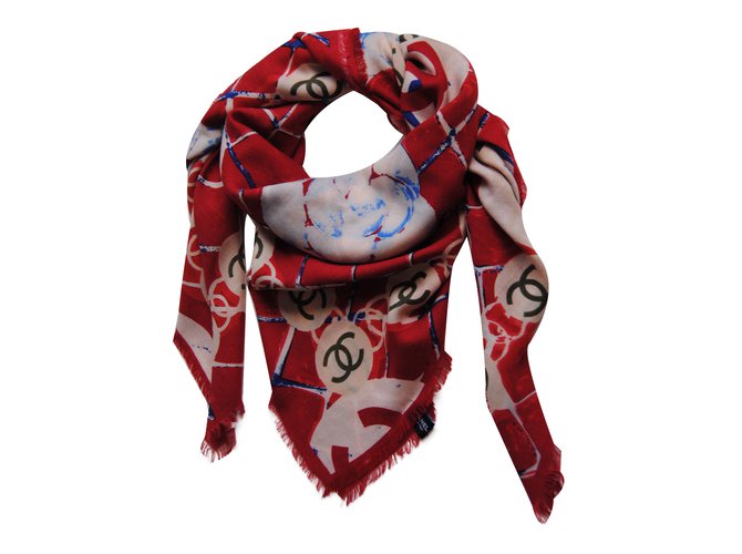 Chanel cashmere and silk scarf White Red Blue  ref.35956