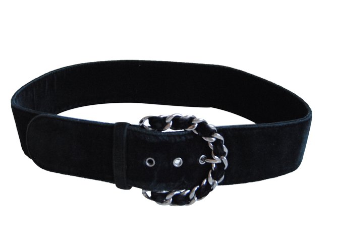 Chanel cinturón Negro Plata Terciopelo Metal  ref.35414