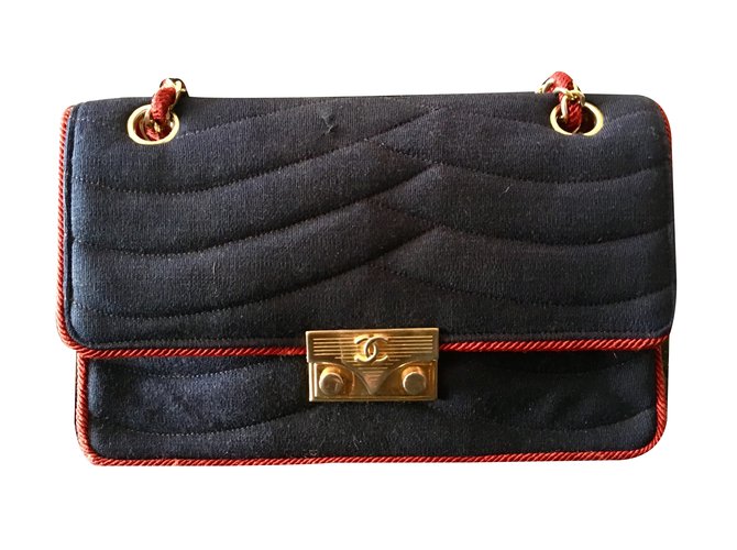 Sac chanel vintage en jersey Tissu Rouge Bleu  ref.35695