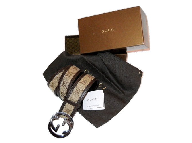 Gucci Belt Brown Cream Leather Cloth  ref.36038