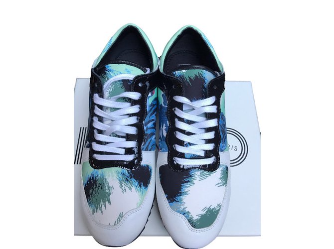 Kenzo Sneakers Cuir Toile Blanc Bleu Vert  ref.36262