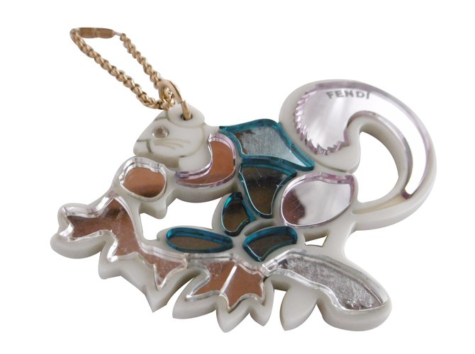 Fendi Squirrel Bag Charm Key Ring Silvery Pink White Blue Plastic Glass  ref.36346