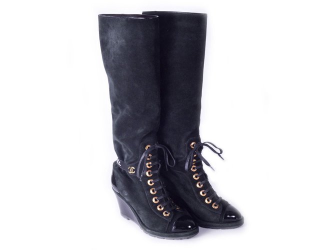 Chanel 2016 Tall WedgeBoots Black Suede  ref.37083