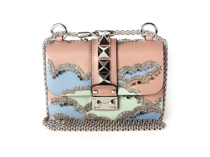 Valentino Crystal Embellished Glam Lock Pink Leather Cross Body