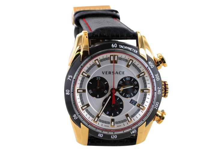 Versace Quartz Watches Black Golden Leather  ref.37354