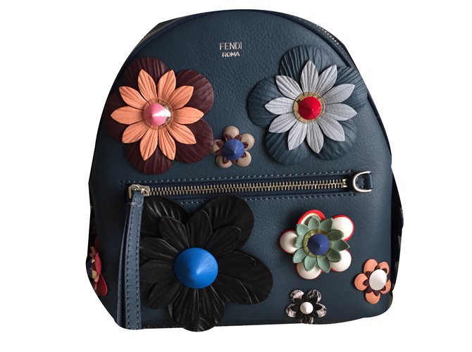 Fendi Backpack flowers Blue Leather  ref.37368