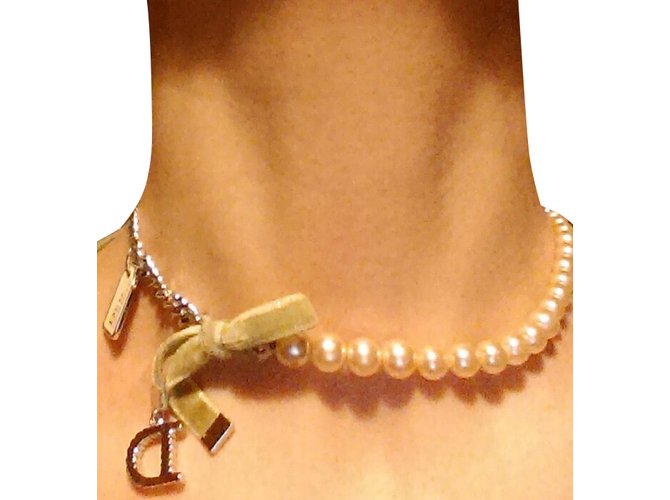 Dior Necklace Silvery Metal Pearl  ref.37595