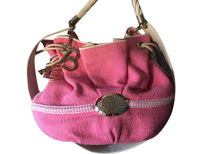 Lancel Handbag Pink White Leather Cloth  ref.37776