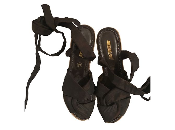 Autre Marque Sandali con zeppa Bee-Fly marrone scuro seta e pelle