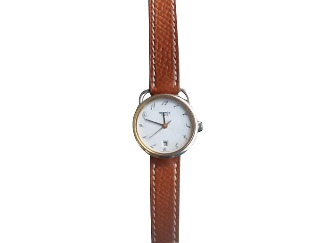 Relógio Hermès Arceau banhado a ouro e aço com pulseira de couro Marrom