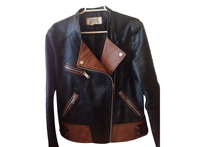 Giacca da moto Mango in pelle nera e marrone Nero