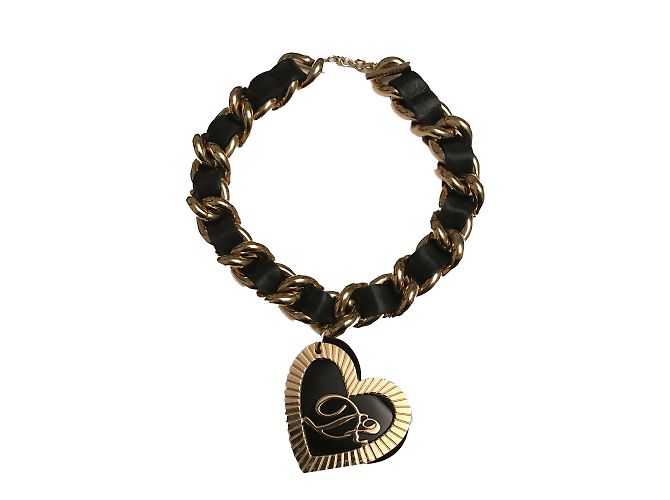 Collana Dsquared2 in Metallo Dorato e Pelle Nera Nero D'oro