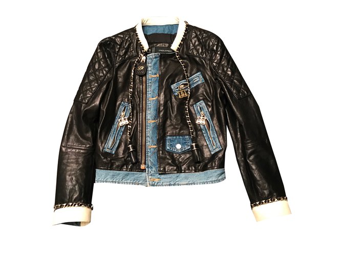 Dsquared2 Biker jacket Black Leather Denim  ref.39205