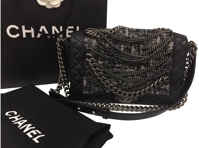 Chanel Boy chain bag in pelle e tweed Nero  ref.39294