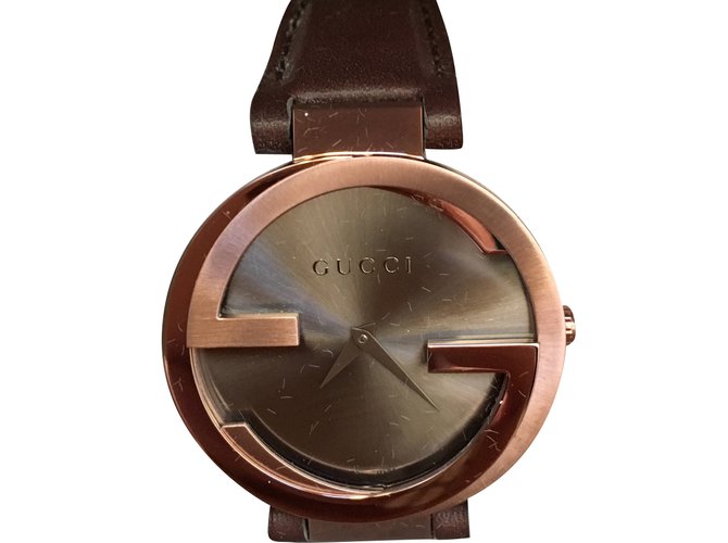 Gucci Watch Brown Bronze Leather Steel  ref.39503