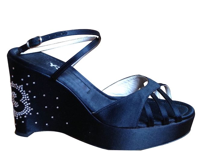 Sandali con zeppa Y3 neri in raso e pelle con strass Nero