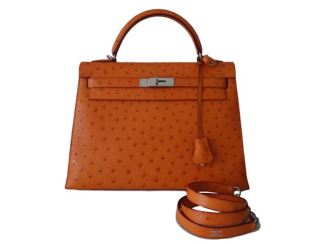 Hermès Bolsa Kelly 32 Laranja Couros exóticos  ref.40300