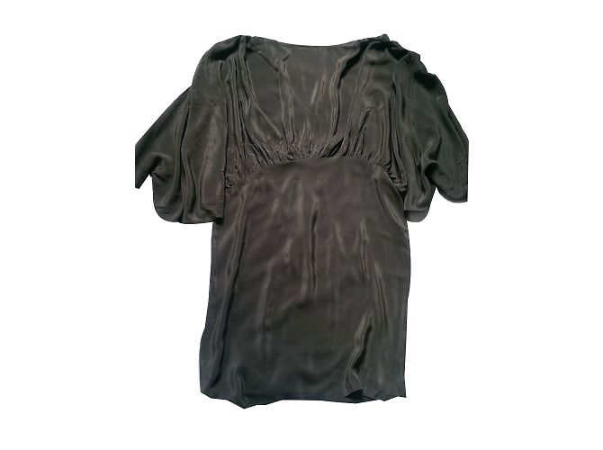 No Collection Vestido de crepe de seda verde cáqui decote em V