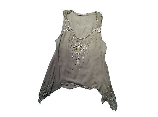 Autre Marque Top assimétrico de seda e contas Nougat London Creme Cru
