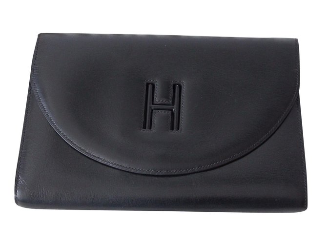 Rare et jolie pochette de jour H gainé signé Hermès cuir noir  ref.40802