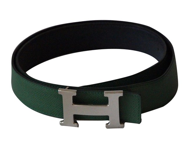 Superb belt buckle H metal silver palladié signed Hermès Green Leather  ref.45451