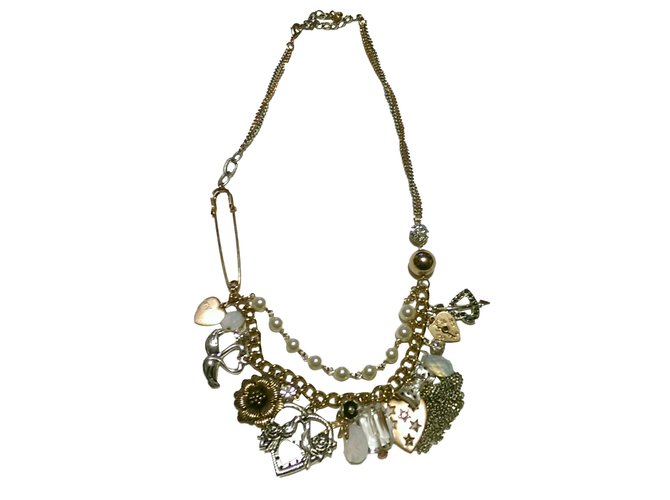 Betsey Johnson Necklace Silvery Golden Metal Pearl Glass  ref.40903