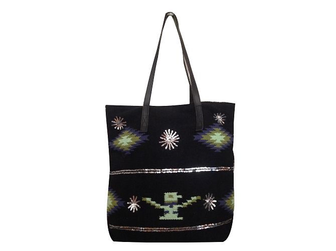 Hipanema Black Canvas Tote Bag with Silver Sequins Silvery Blue Olive green