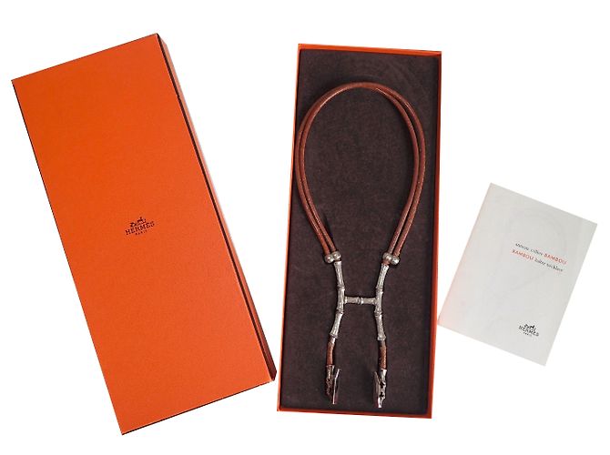 Hermès Bambú Castaño Plata Cuero Plata