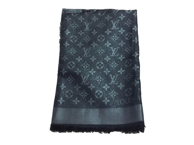 Louis Vuitton Silk scarves Black Silvery Metallic Wool  ref.42424