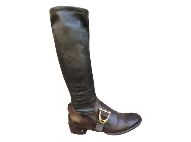 Céline Bottes Cuir Marron foncé  ref.42730