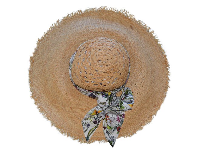 Gucci cappello in paglia a tesa larga in seta flora cappello nuovo genuino 100% Per donne Beige  ref.42940