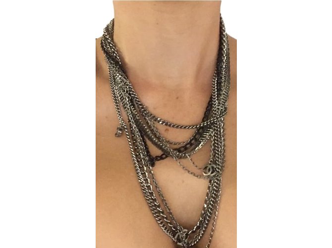Chanel Lange Halsketten Silber Metall  ref.42990