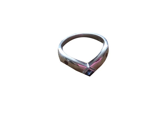 Autre Marque 18ct Weißgold Wishbone Ring mit Saphir und Rubin Größe 57 Blau