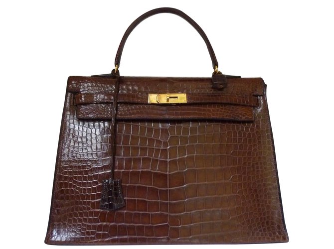 Hermès Hermes Kelly Tasche 35 cm Krokodilfarbe braun vintage Exotisches Leder  ref.43849