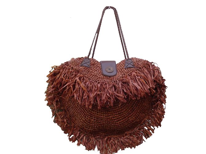Autre Marque Bolso XL de paja marrón oscuro con flecos
