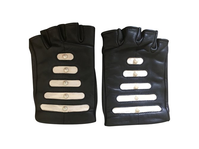 CHANEL  Gloves Black White Leather  ref.44028