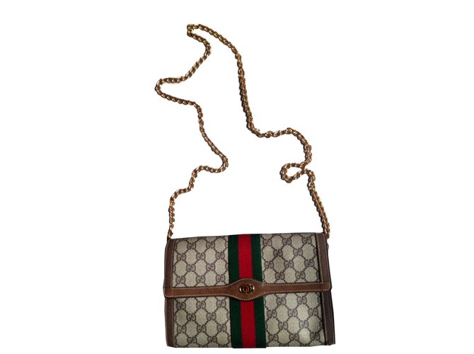 Gucci Handbags Brown Red Green Leather Cloth  ref.44768