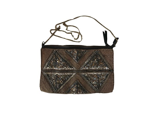 Autre Marque Clutch nera con paillettes e perle con catena Rame