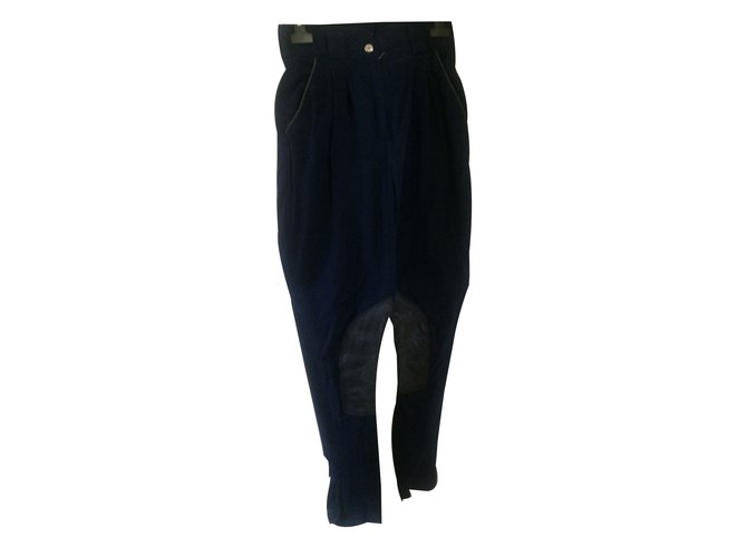 Hermès Pantalones, polainas Azul marino Lana  ref.45035