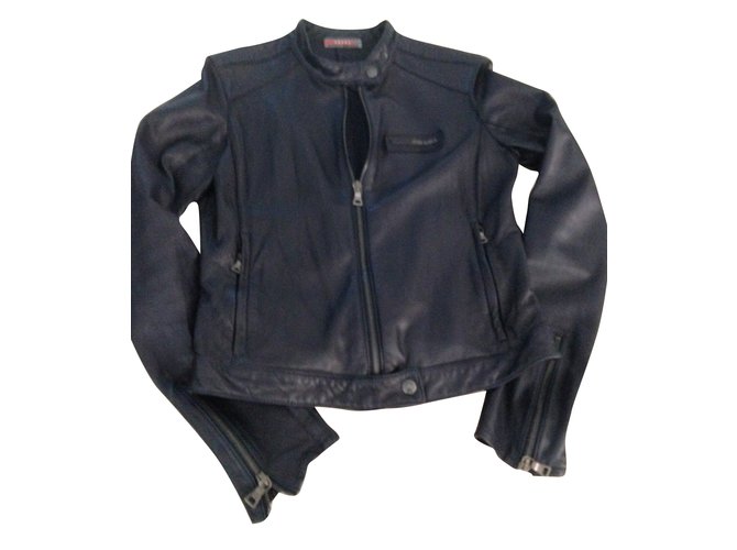 Prada Coats, Outerwear Navy blue Leather  ref.45284