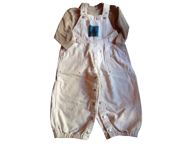 Autre Marque Set T-shirt e Salopette in Cotone Beige 18 Mesi