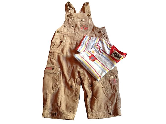 Autre Marque Ensemble Salopette et T-shirt en Coton Caramel 12 Mois