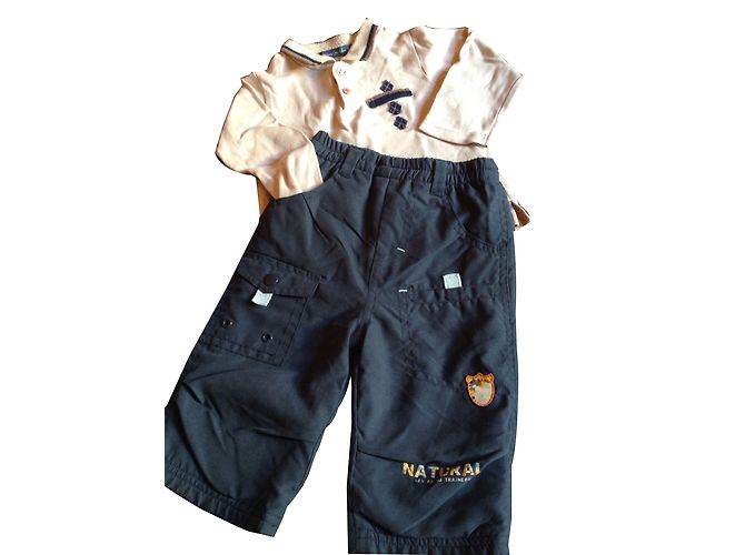 Autre Marque Conjunto de T-shirt e Calças de Algodão com Forro de Fleece Azul e Bege 12 Meses