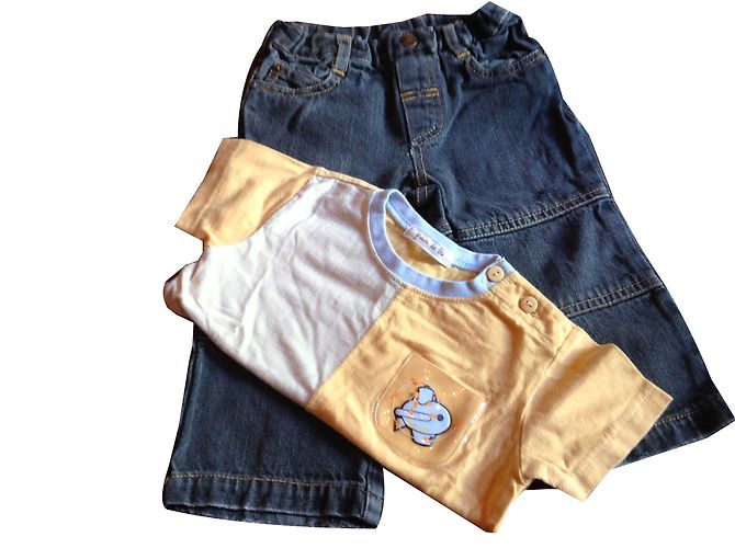 Autre Marque Pantalon en denim Grain de ble Jaune et Bleu Marine 12 mois