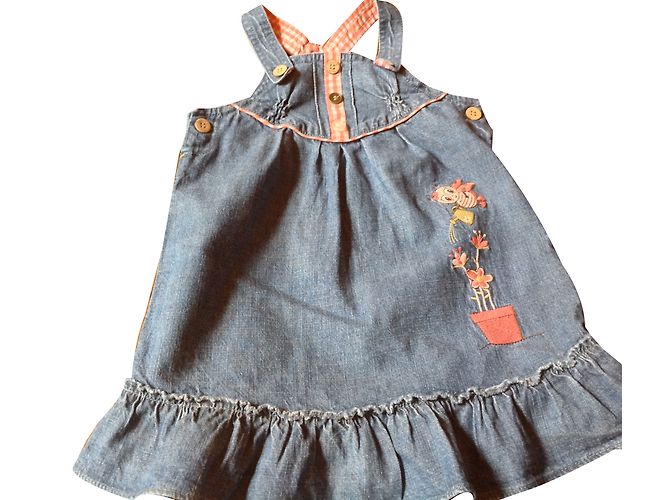 Autre Marque Vestito in denim blu navy con ricamo e bordo gingham 12 mesi