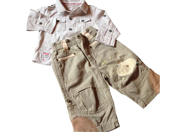Autre Marque Ensemble Garçon en Coton Khaki avec Broderies 6 Mois Kaki