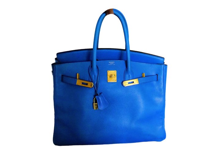 Birkin Hermès Handtasche Blau Leder  ref.46374