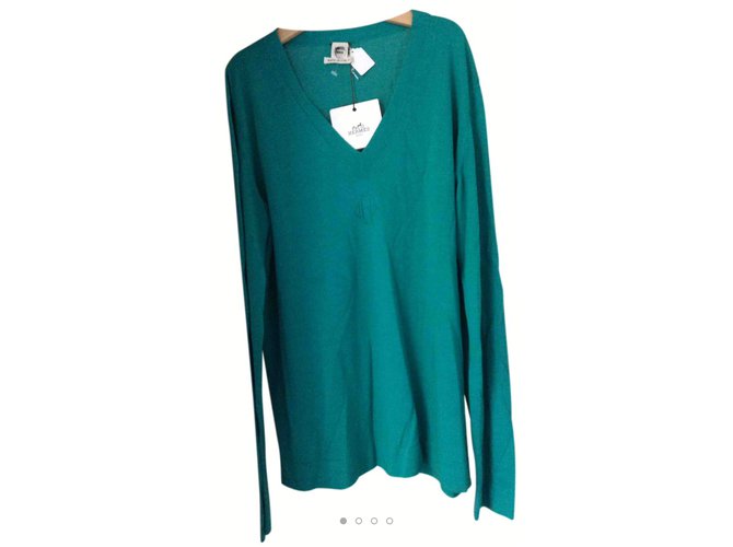 Hermès V neck sweater Green Silk Cotton  ref.46556